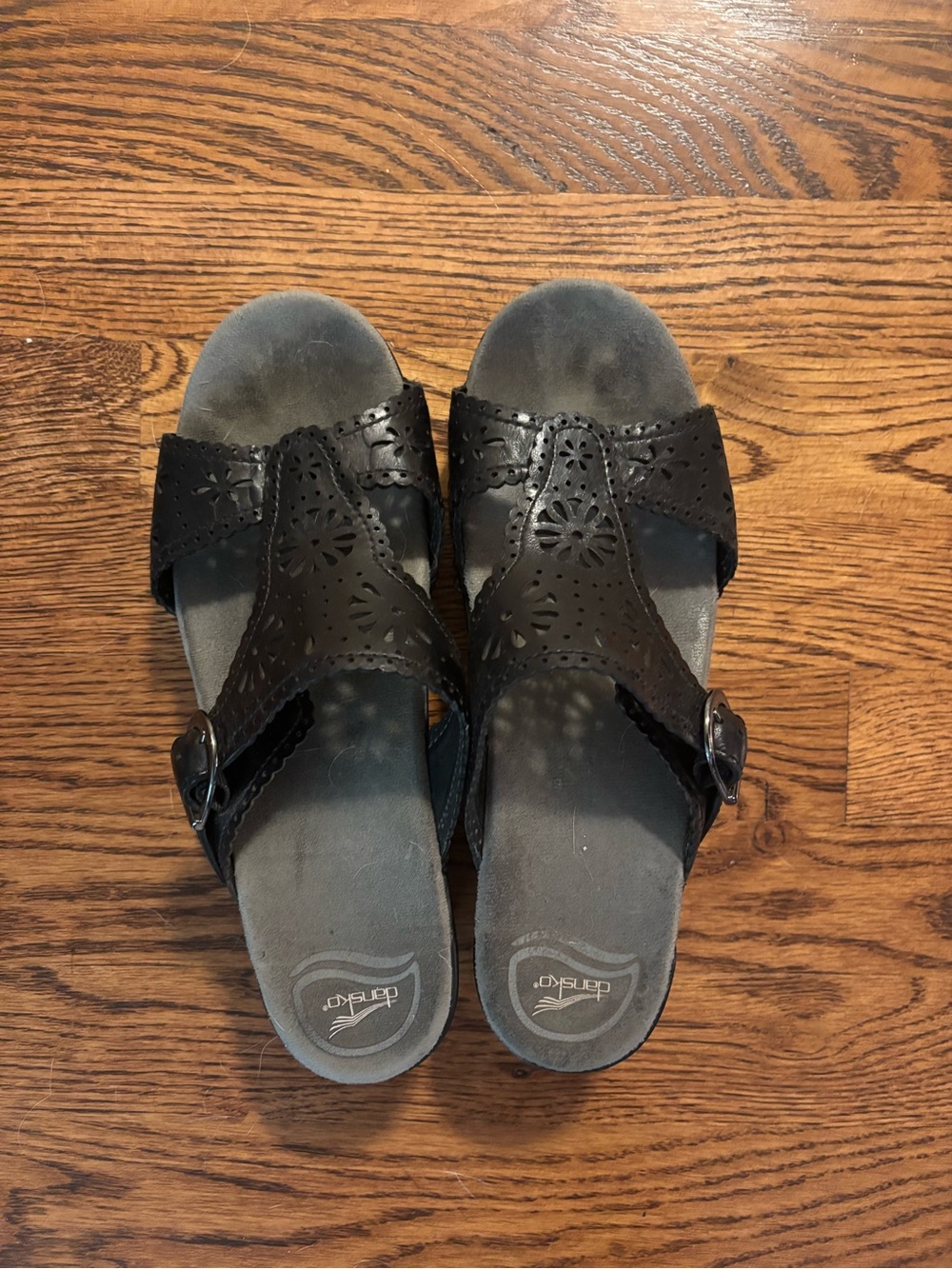 Dansko Black Perforated Leather Slip-On Sandals